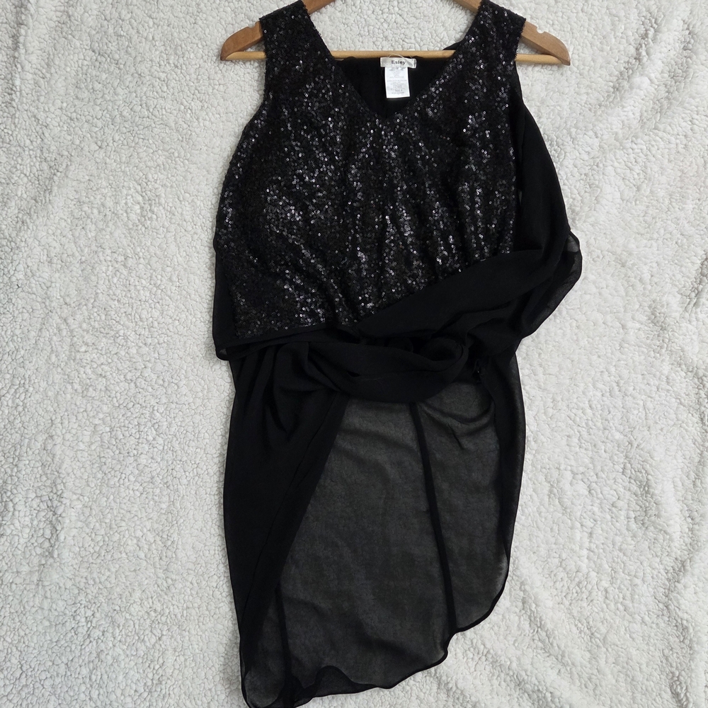 Esley Black Sequin Asymmetrical Blouse Holiday Party Sparkle Women‎ S